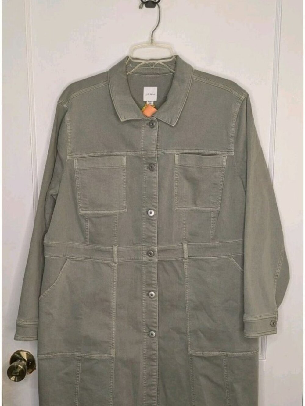 Sz XL Petite J Jill Tahoe Long Utility Denim Jean Jacket Smoky Sage Green
